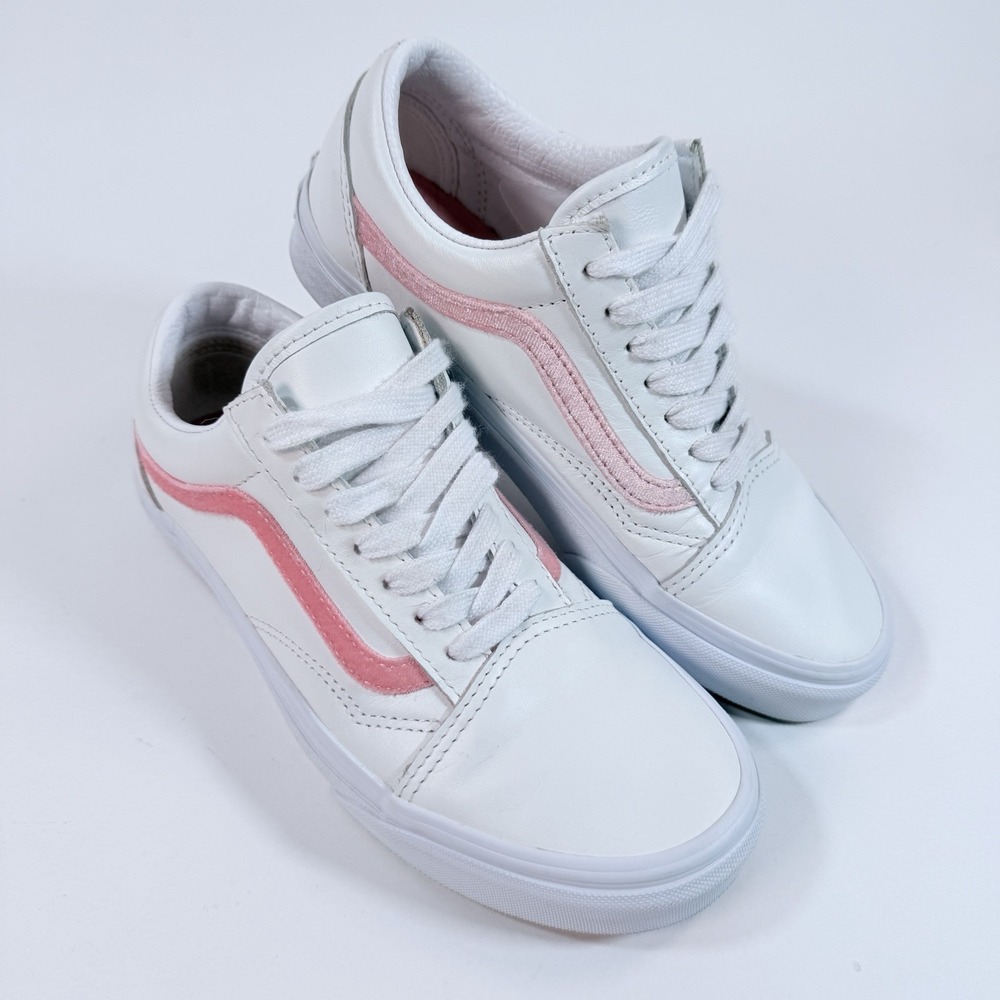 Vans Old Skool Womens 6.5 Mens 5 White Leather Pink Velvet Stripe Sneakers
